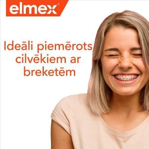 Elmex reklāma ar smaidīgu sievieti ar breketēm un tekstu "Ideāli piemērots cilvēkiem ar breketēm".