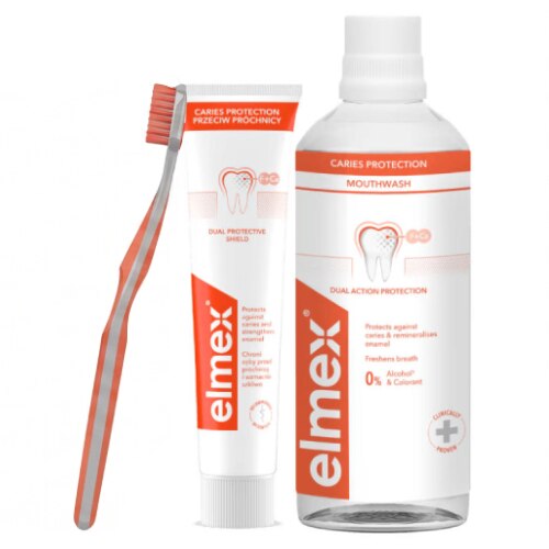 Elmex Caries Protection zobu kopšanas komplekts ar zobu birsti, zobu pastu un mutes skalošanas līdzekli kariesa profilaksei.