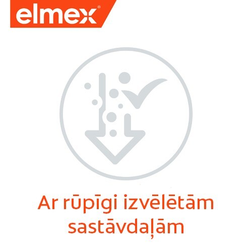 Elmex grafika ar ikonu un tekstu "Ar rūpīgi izvēlētām sastāvdaļām".