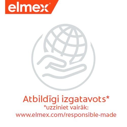 Elmex grafika ar rokas un zemeslodes ikonu un tekstu "Atbildīgi izgatavots" ar saiti uz elmex.com/responsible-made.