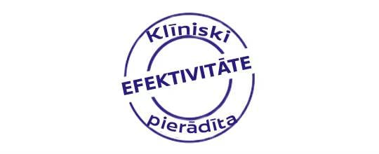 Apaļš zīmogs ar uzrakstu "Klīniski pierādīta efektivitāte".