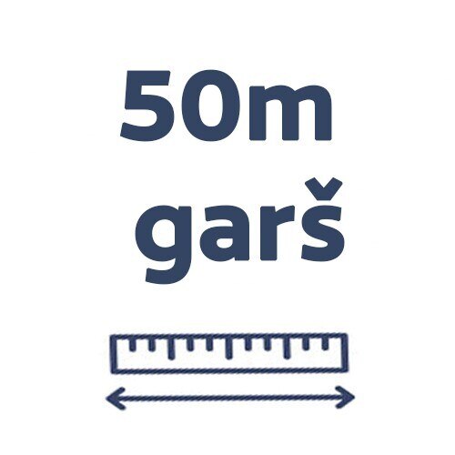 Grafika ar lineāla ikonu un tekstu "50m garš" zobu diega garuma norādei.
