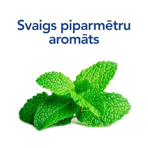 Svaigas zaļas piparmētru lapas un teksts "Svaigs piparmētru aromāts".