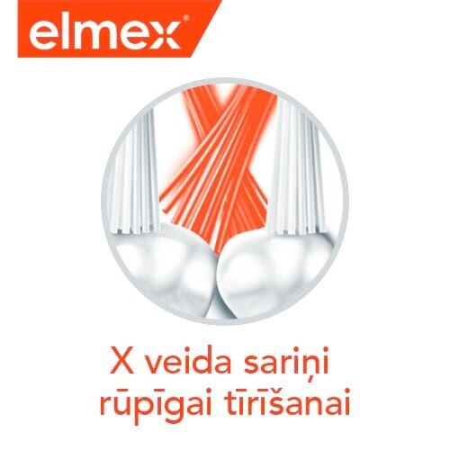 Elmex grafika ar krustotu X veida sariņu tīrīšanas ilustrāciju un tekstu "X veida sariņi rūpīgai tīrīšanai".