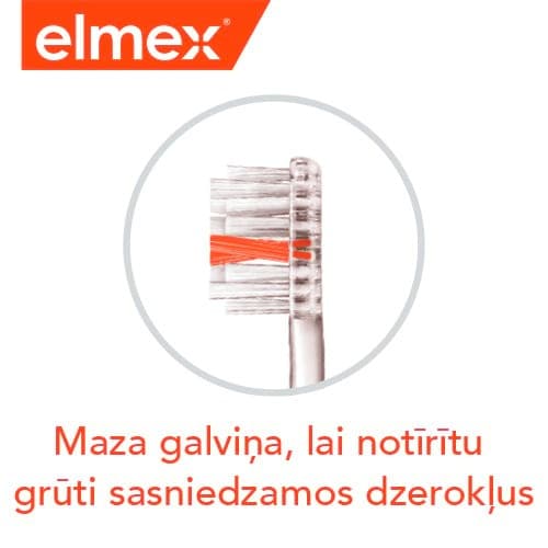 Elmex grafika ar mazas zobu birstes galviņas attēlu un tekstu "Maza galviņa, lai notīrītu grūti sasniedzamos dzerokļus".