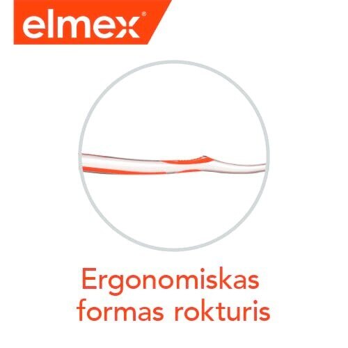 Elmex grafika ar zobu birstes kātiņa ilustrāciju un tekstu "Ergonomiskas formas rokturis".
