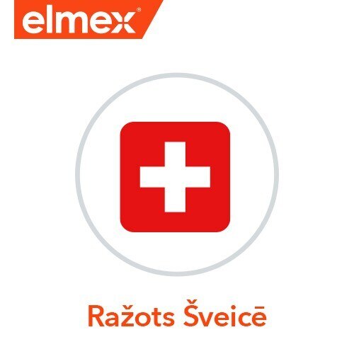 Elmex grafika ar Šveices karoga ikonu un uzrakstu "Ražots Šveicē".