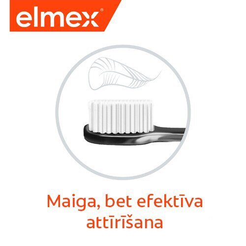 Elmex grafika ar zobu birstes un spalvas ilustrāciju un tekstu "Maiga, bet efektīva attīrīšana".